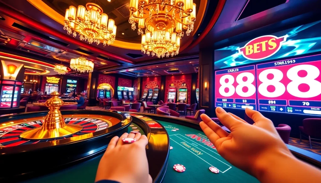 Exciting casino scene with roulette and poker elements featuring ดูบอลสด88 betting options.