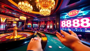 Exciting casino scene with roulette and poker elements featuring ดูบอลสด88 betting options.