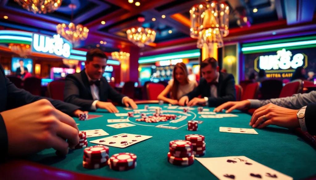 Experience the thrill of W88 with players engaging at an elegant casino table.