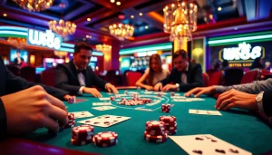 Experience the thrill of W88 with players engaging at an elegant casino table.