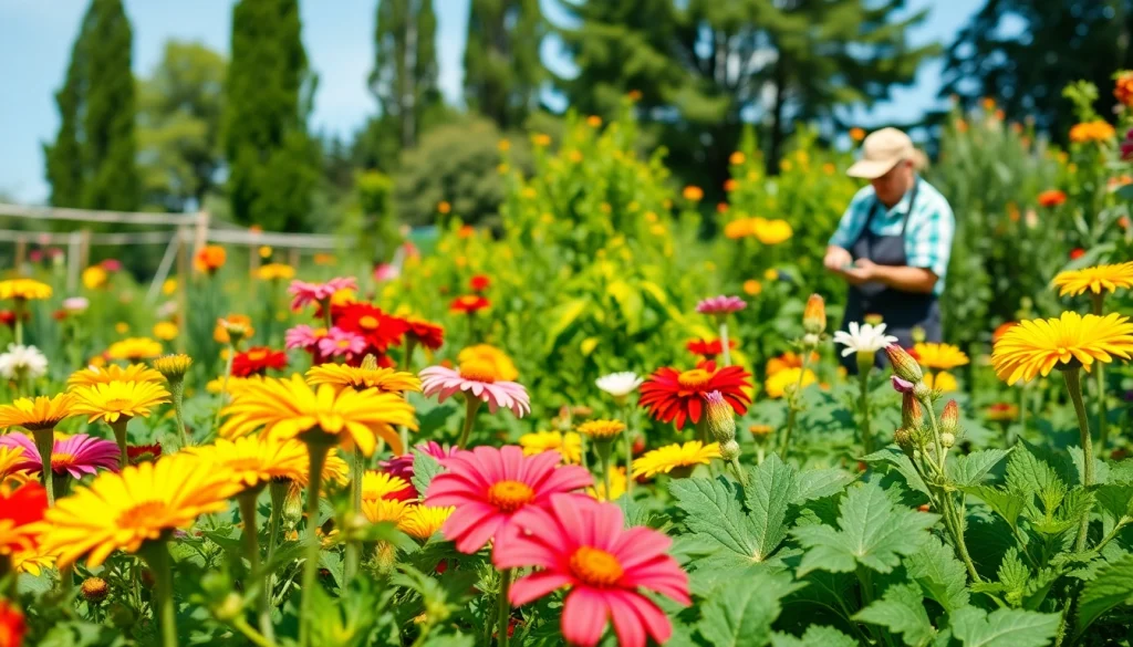 Gardening enthusiast nurturing vibrant flowers and vegetables in a flourishing garden.