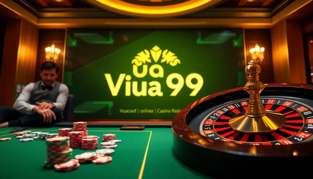 Players enjoying a high-stakes game at Vua99, featuring vibrant poker chips and a roulette wheel.