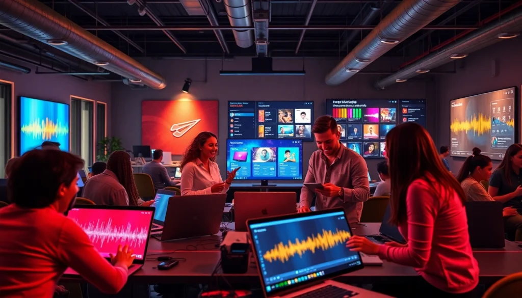 Fast music services workspace featuring vibrant teamwork and digital streaming.