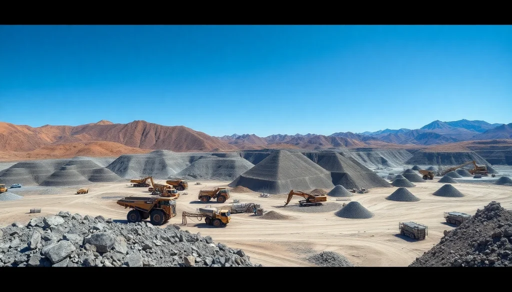 Mining excavation site with heavy machinery and mineral stockpiles under bright sunlight.