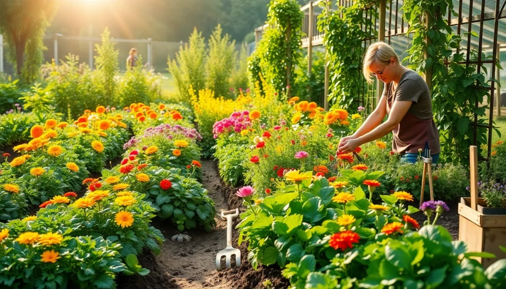 Engaging gardening scene with vibrant plants and a gardener tending to them.