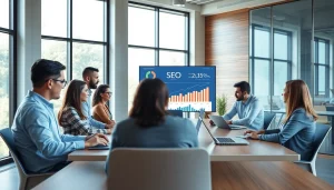 Collaborative team discussing SEO strategies in a dynamic office.