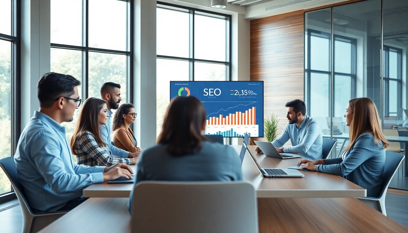 Collaborative team discussing SEO strategies in a dynamic office.