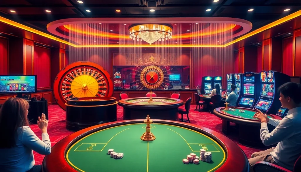 View of the luxurious online casino at https://sunwin88.art/ featuring engaging players, poker tables, and slot machines.