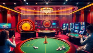 View of the luxurious online casino at https://sunwin88.art/ featuring engaging players, poker tables, and slot machines.