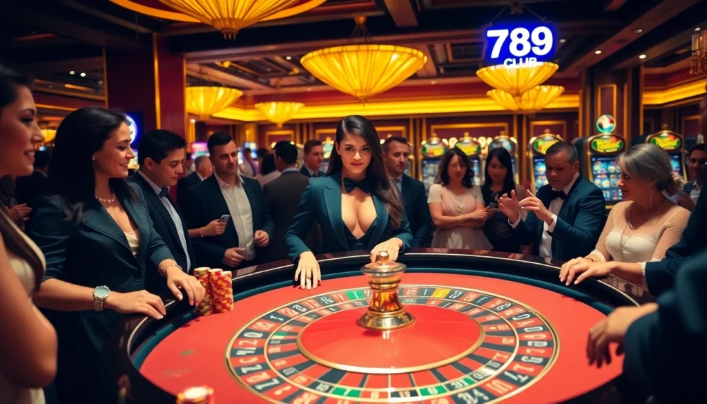 Experience the excitement of the 789 club with a vibrant casino scene featuring roulette and slot machines.