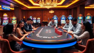 Experience the excitement of Vua99 casino with vibrant tables, poker chips, and players engaging.