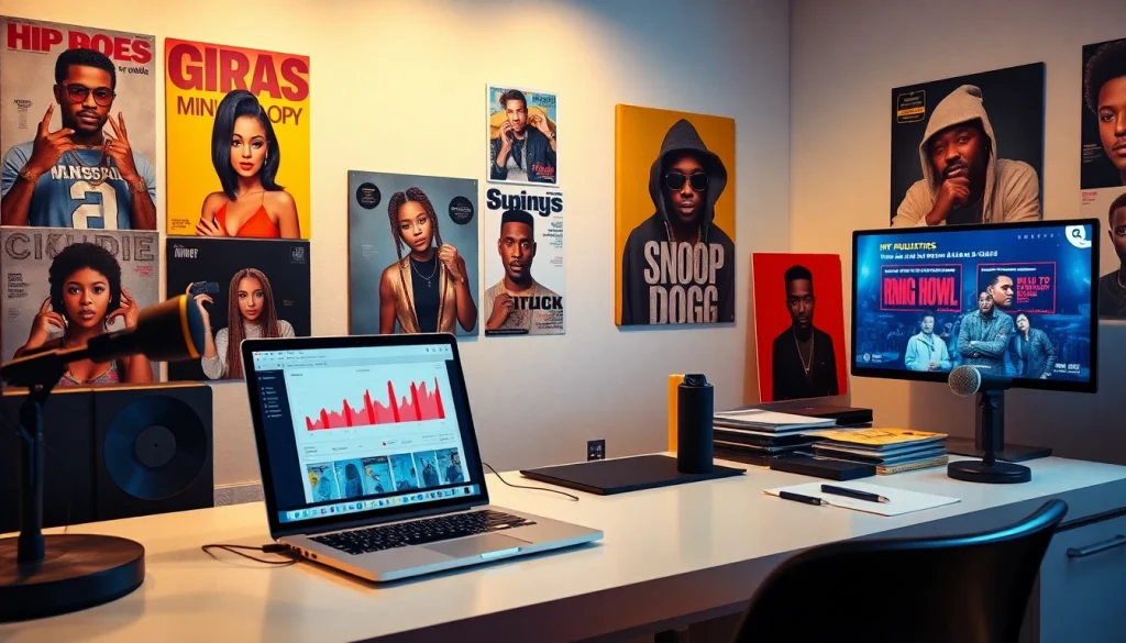 Hip hop publicist workspace showcasing vibrant marketing materials, analytics, and celebrated artists.