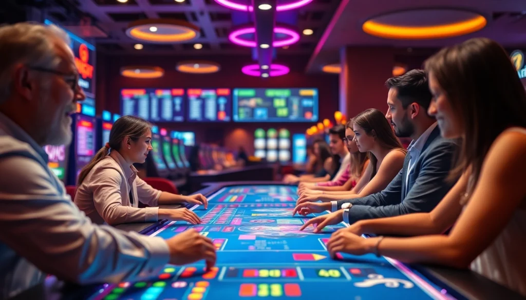 Permainan Online Casino Malaysia dengan pemain berinteraksi di meja taruhan yang canggih, menampilkan suasana seronok.