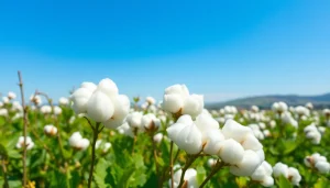 Bekijk katoenplanten met fluffy bollen in het zonlicht op een heldere dag.