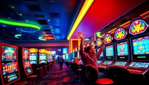 Experience the excitement of hoki138 pro with vibrant slot machines and joyful players celebrating wins.