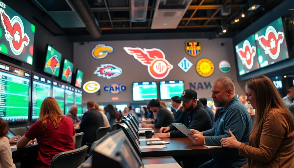 Engaged fans participating in sports betting in Oklahoma with lively sports atmosphere.