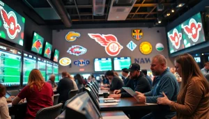 Engaged fans participating in sports betting in Oklahoma with lively sports atmosphere.