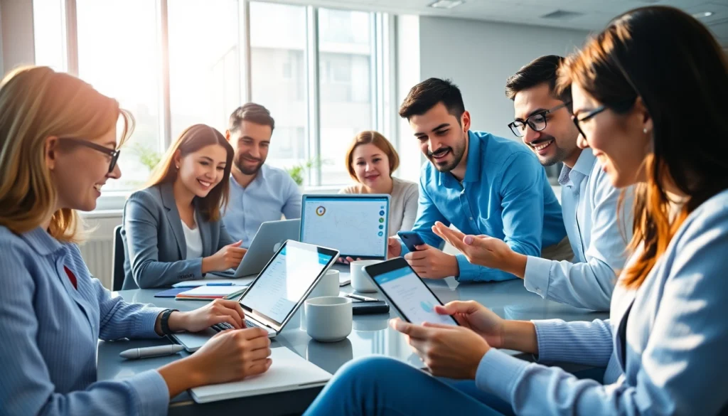 Dynamic professionals collaborating using wps下载 software in a modern office.
