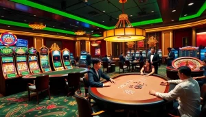 UU88 online casino scene with excited players at a poker table and vibrant slot machines.
