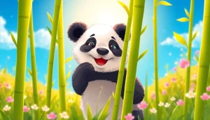 Visitez pandachi.fr pour contempler un panda joyeux jouant dans une forêt de bambous colorée.