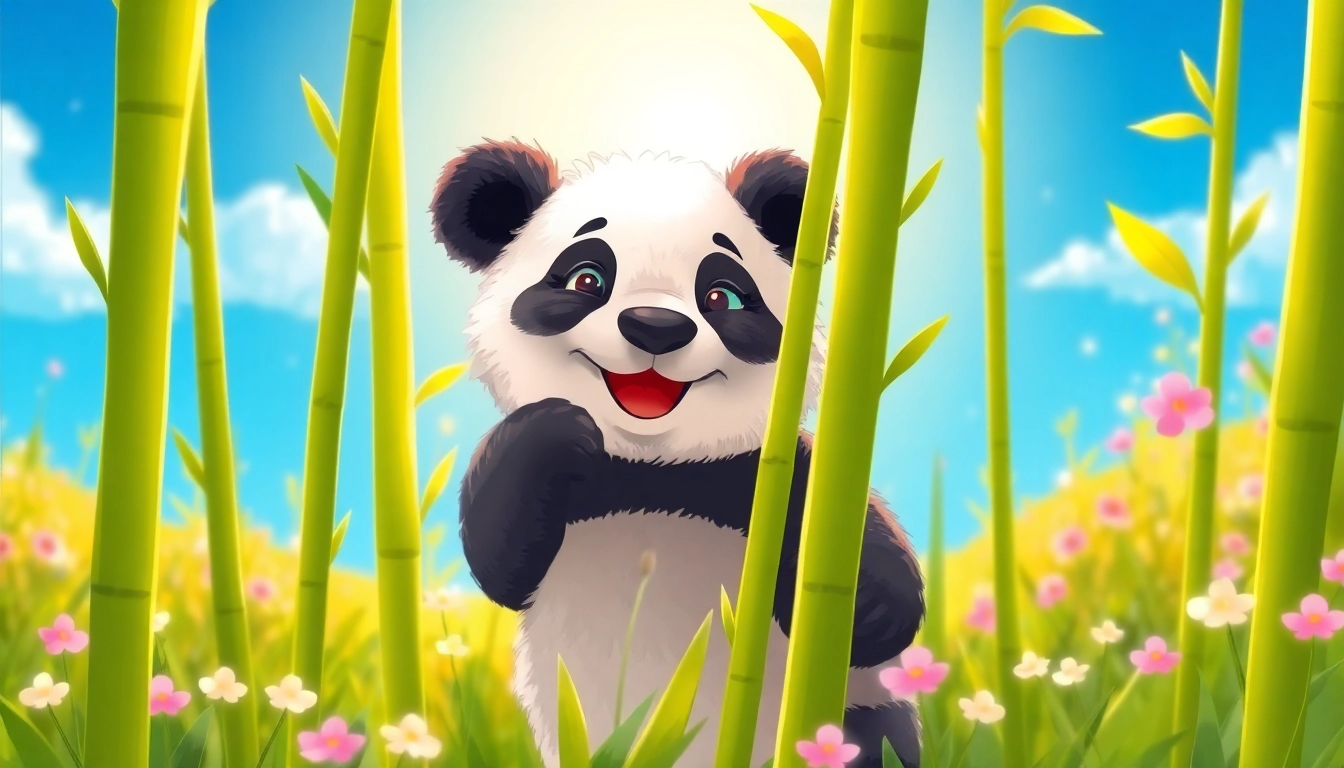 Visitez pandachi.fr pour contempler un panda joyeux jouant dans une forêt de bambous colorée.
