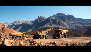 Mining operation showcasing heavy equipment excavating earth in a rugged landscape.