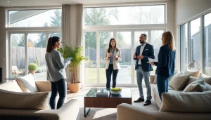 Real Estate agent showcasing a modern home to potential buyers with bright lighting.