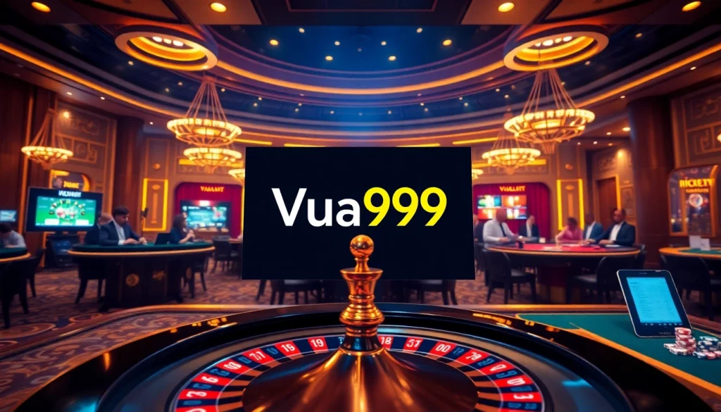 Vua99 online gambling scene showcasing vibrant poker chips and roulette wheels
