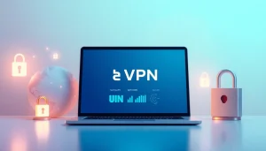 快连VPN interface showcasing global connectivity and security features on a modern laptop, illustrating speed and efficiency.