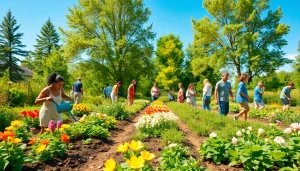 Engage with vibrant Gardening activities in a community garden filled with diverse flowers and plants.