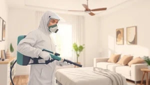 Exterminator treating bed bugs at home with https://affordablebedbugexterminators.com chemical spray.