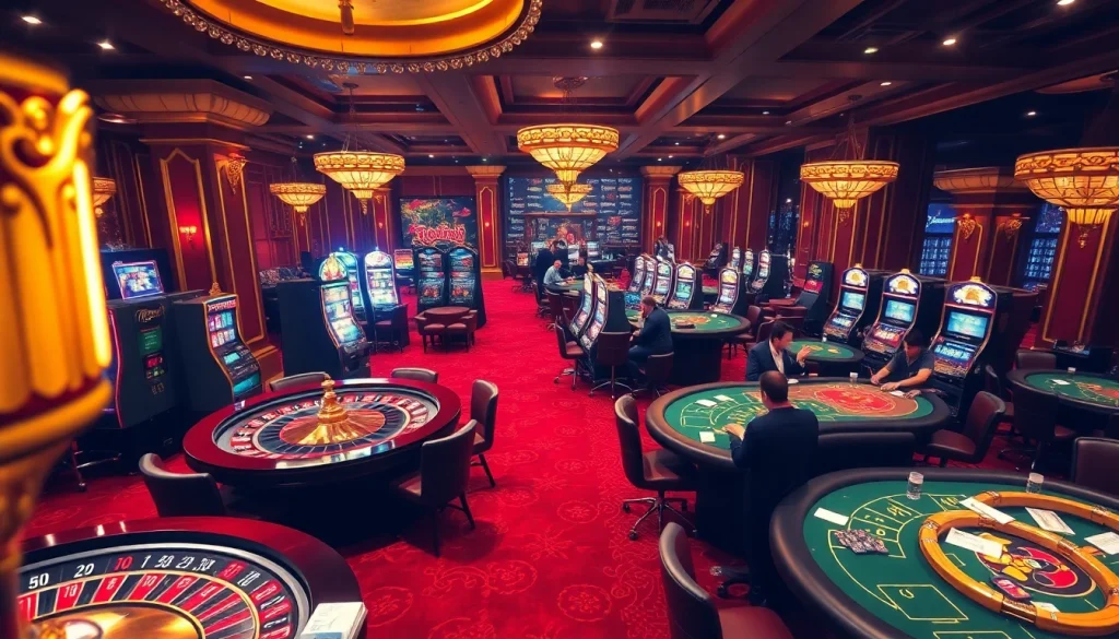 Exciting gambling experience at Thabet's luxurious casino with vibrant tables and slot machines.