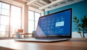 Streamlined AI Tool Navigator on a laptop in a modern office, showcasing advanced AI tools.