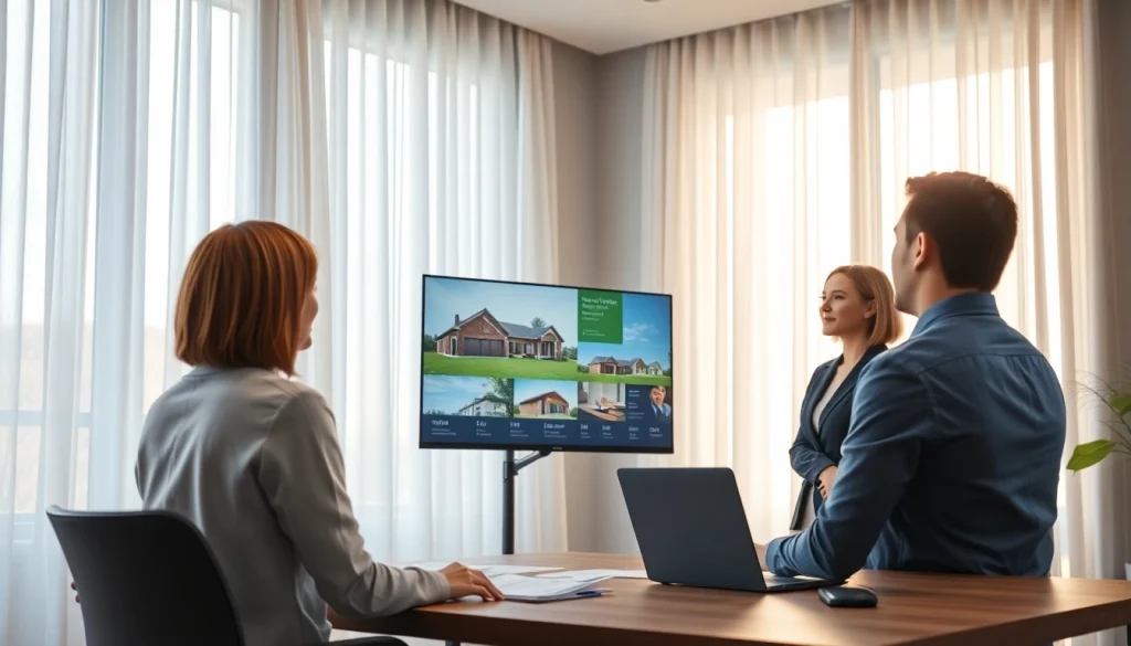 Engaging real estate agent showcasing properties in a modern office environment.