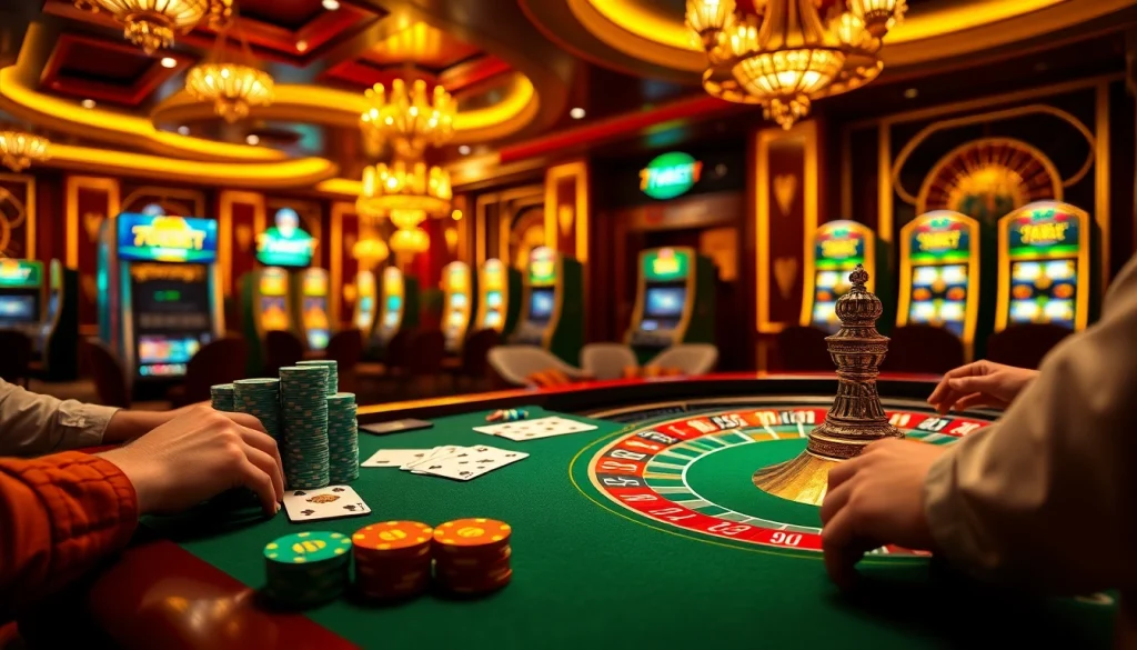 Excitement at the 789BET casino table with players and vibrant gaming elements.