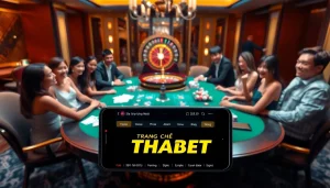A vibrant scene depicting the Trang Chủ THABET mobile app alongside casino games, showcasing a luxurious gambling experience.