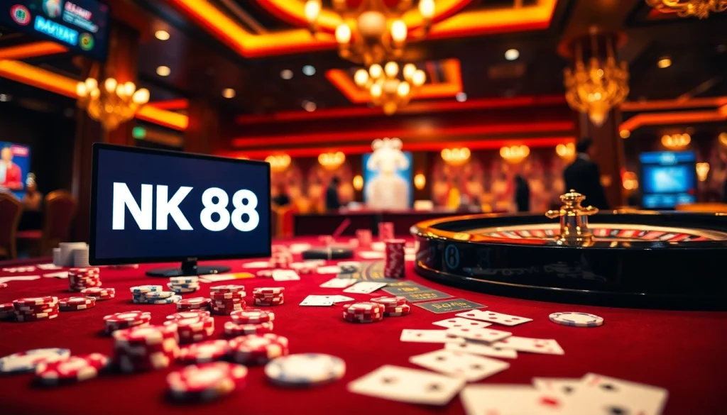 Experience the thrill of gambling with NK 88 at a luxury casino table featuring vibrant poker chips.