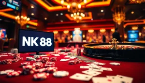 Experience the thrill of gambling with NK 88 at a luxury casino table featuring vibrant poker chips.