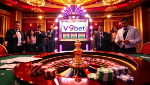 Players enjoying V9bet slot machines in a vibrant casino setting, showcasing excitement and luxury.