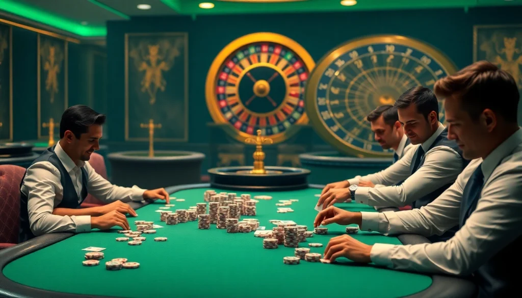 F168 poker players strategizing at a luxury casino table with vibrant chips.