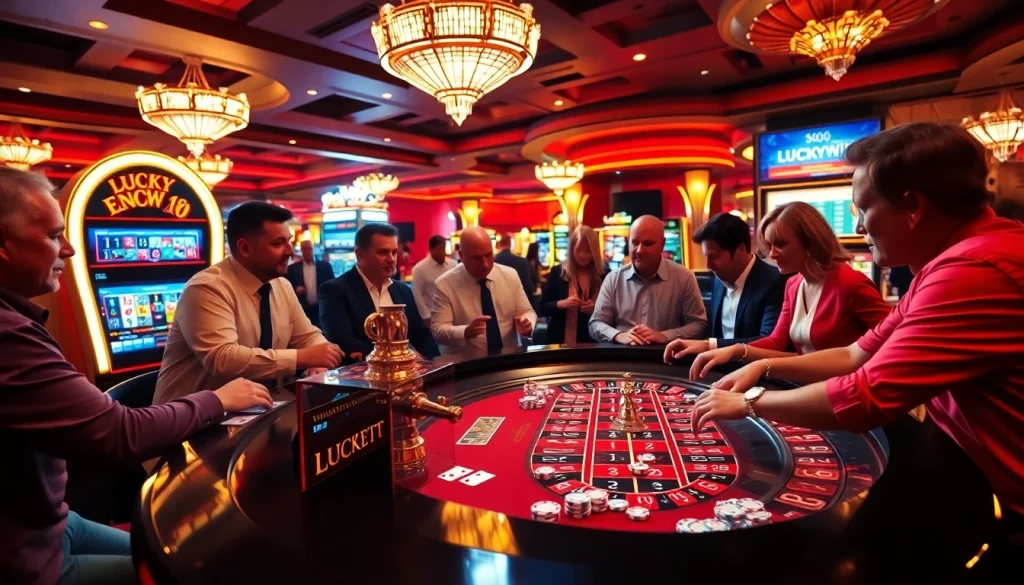 Experience the thrill of LUCKYWIN at a luxurious casino with colorful chips and vibrant games.