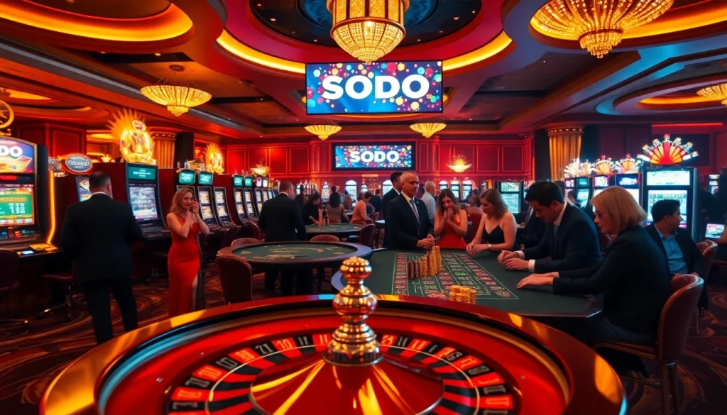 SODO casino scene showing luxurious slot machines and excited players at roulette tables.