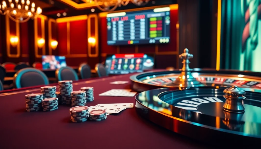 Experience the thrill of רמי אונליין in a luxurious casino scene featuring poker chips and a roulette wheel.