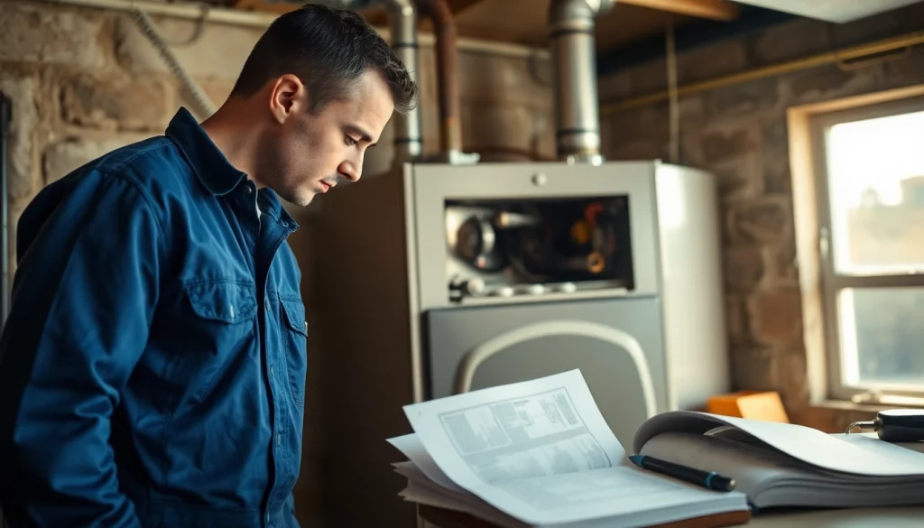 Gas furnace repair Bedford NY by a professional technician in a well-lit basement.