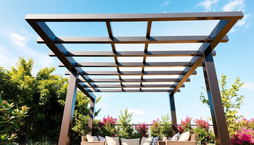 Enhance your outdoor space with a stunning modern steel pergola surrounded by inviting greenery.