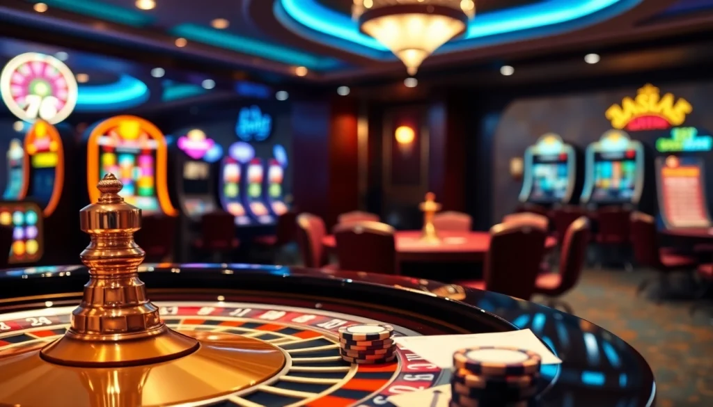 Engage with Tool xổ số siêu tốc in a luxurious casino setting, showcasing roulette and poker excitement.
