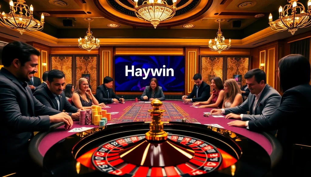 Experience the thrill of the Haywin casino with players engaging at a vibrant gambling table.