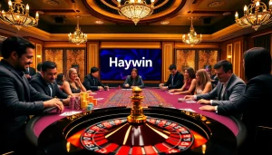 Experience the thrill of the Haywin casino with players engaging at a vibrant gambling table.