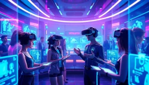 Dynamic NSFW character AI interaction scene with holographic avatars and tech elements.