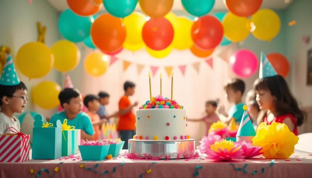 Guests celebrating a vibrant Singapore birthday party with decorations and cake.